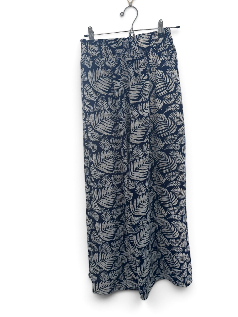 Navy Leaf-Print Midi Skirt with Elastic Waist